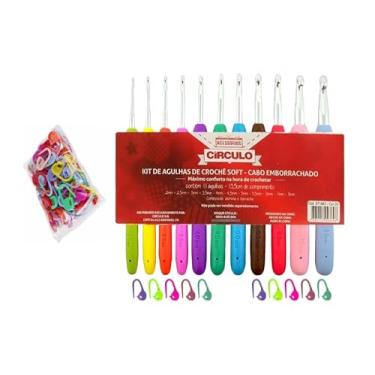 Imagem de Kit Agulha Crochê 11 Peças Cabo Soft Emborrachado Confortável Círculo + 100 Marcadores de Ponto Cadeado Colorido Amigurumi Newz Cabo Emborrachado Ergonômico, Proporciona Um Manuseio Firme