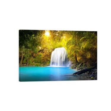 Imagem de DEEBOW Quadro em tela paisagem. Sol cascata floresta. Natureza imagem impressão em tela. Quadros paisagens naturais. Tinta murais prontos para pendurar 80 x 120 cm-31 x 47 in emoldurado