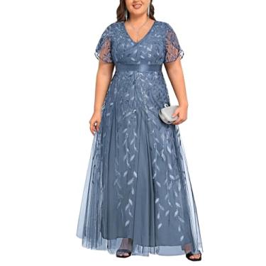 Imagem de Pinup Fashion Vestidos formais plus size – Vestido longo de formatura bordado com lantejoulas e lantejoulas, Haze Blue-sequin, 26 Plus