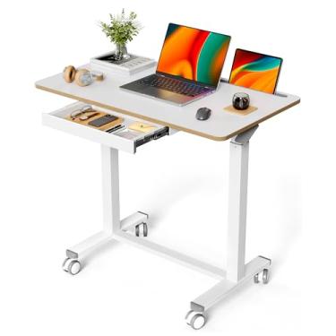 Imagem de Liftsync Mesa móvel de pé, pequena mesa com rodinhas de 89 cm com gaveta, estação de trabalho com suporte ajustável em altura, carrinho de laptop portátil branco com rodas ocultas ou rodízios