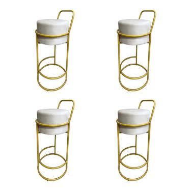 Imagem de Kit 4 Banquetas Alta Redonda Base Dourada Veludo - Bege