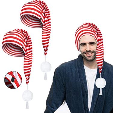 Imagem de Eurzom 2 peças de boné de dormir masculino ajustável listrado com bola pompom para festa de fantasia diária de Natal, Vermelho e branco., 21.6-23.6 inches