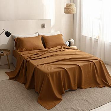 Imagem de Simple&Opulence Lençol liso liso bordado 100% linho lavado com pedra (ferrugem básica, King)