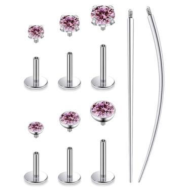 Imagem de Lsnevsie 20G 18G 16G Astm F136 titânio rosca interna brincos de nariz anéis de nariz G23 titânio tragus helix conch cartilagem brincos studs piercing joias para mulheres homens rosa claro CZ, 20G-6/7