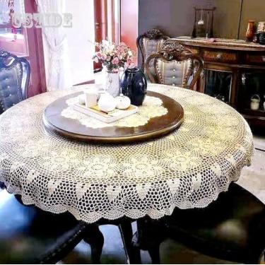 Imagem de USTIDE Toalha de mesa grande redonda de crochê bege 228 cm algodão rústico casa de fazenda casamento toalha de mesa com design de renda floral, sobreposição decorativa feita à mão para sala de jantar