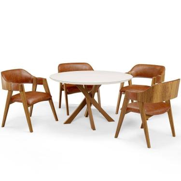 Imagem de Mesa De Jantar Redonda Cora 120cm Off White M04 Com 04 Cadeiras Living Suran Couríssimo Camel - Lyam
