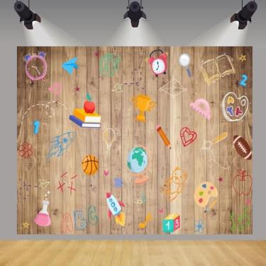 Imagem de Pano de fundo de volta às aulas 3 x 2,4 m pintado à mão, material escolar, parede de madeira, para fotografia, jardim de infância, bem-vindo de volta às aulas, faixa para fotos