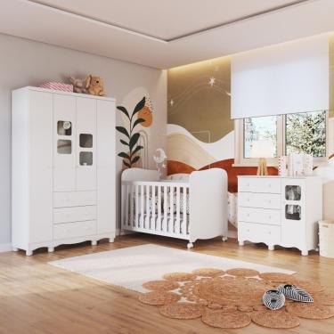 Imagem de Conjunto Quarto De Bebê Completo Com Berço Guarda Roupa E Cômoda Com Janelas Mimo Espresso Móveis Branco Brilho