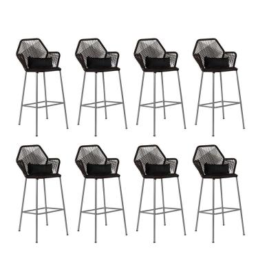 Imagem de Kit 08 Banqueta Alta Com Encosto Sttar Ferro Prata Fibra Preto Almofada Suede Preto