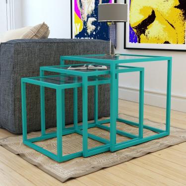 Imagem de Trio Mesa Lateral Industrial Isabella De Vidro Base Ferro Azul Turquesa - Preto