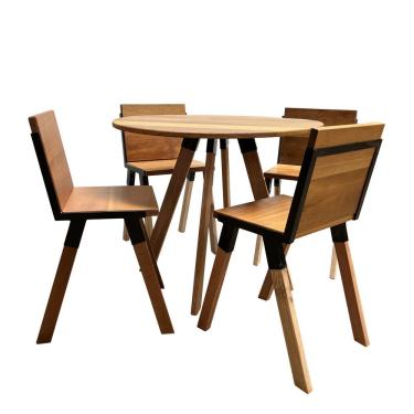 Imagem de Kit De Mesa Eiffel Industrial 90 Cm Com 4 Cadeiras Detroit Madeira Maciça Natural E Ferro Preto Marrom