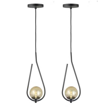 Imagem de Kit 2 Pendentes Lustres On Drop Preto Globo De Vidro Ambar