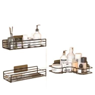 Imagem de Prateleira de xampu de canto e reta com adesivos organizadores (Kit 2 Reto + 1 Canto)