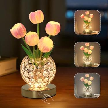 Imagem de Lâmpada de flor de tulipa, lâmpada de tulipa recarregável, luz noturna de flores artificiais de LED com vaso de cristal e 3 temperaturas de cor, luminária de mesa sem fio de toque regulável, presente