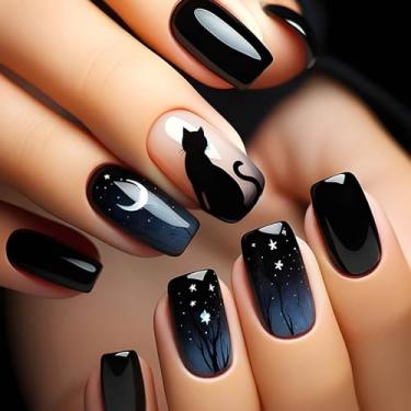 Imagem de RTKHFZE Kit De Unhas Postiças Acrílico Quadrado Médio Com Estampa Gato Preto E Cola Artificial Cobertura Total Para Mulheres Meninas, 24 Peças