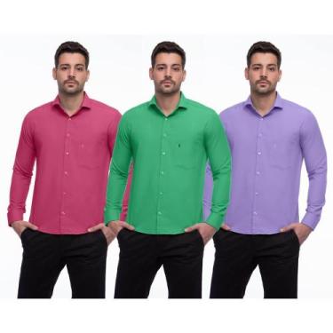 Imagem de Camisa Social Masculina Manga Longa Botões Lisa Kit 3 Branco/Rosa M - 