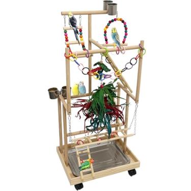 Imagem de Niwaes Parquinho grande de madeira para pássaros de 4 níveis com rodas, suporte de madeira natural para brincar de papagaio, suporte de poleiro, academia, com escada, acessórios de brinquedo para