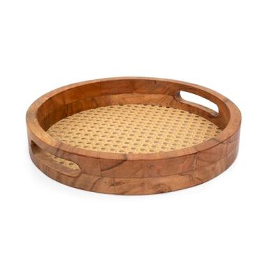 Imagem de Bandeja de servir de madeira de acácia de 30 cm redonda com alças e base de vime, prato decorativo de madeira para cozinha, jantar, charcutaria, queijo, café da manhã, almoço, aperitivo, bebidas, mesa