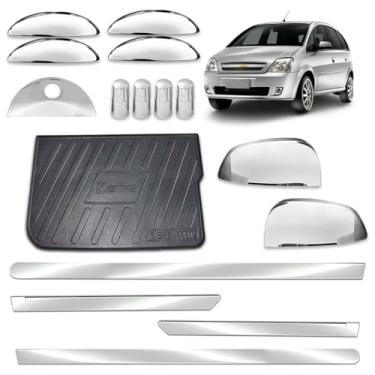 Imagem de Aplique Friso Lateral Largo + Maçaneta 4 Portas + Maçaneta Traseira + Par de Retrovisor + Protetor Bandeja de Porta-malas + Tampa de valvula adaptável para Meriva 2002 a 2012 Kit Cromado