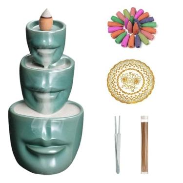 Imagem de Simcat Suporte para queimador de incenso com refluxo facial, artesanato, resina, fluxo reverso, incensário, cone + 20 cones de incenso de refluxo, 30 bastões de incenso, 1 pinça e 1 tapete (verde