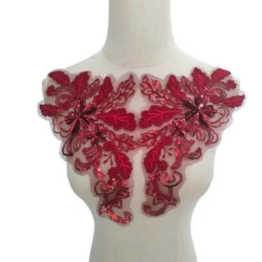 Imagem de Aplique bordado de lantejoulas de malha, aplique de renda de flor, faça você mesmo, costurar em roupas, vestido de casamento, decoração de vestido de casamento, 1 par (claret)