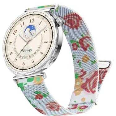 Imagem de DEALELE Pulseiras compatíveis com Huawei Watch GT5 Pro de 42 mm/GT5/GT4 41 mm/Garmin Venu 3S/Fossil Gen 6, pulseira de malha magnética de aço inoxidável de 18 mm para mulheres e homens, flor rosa