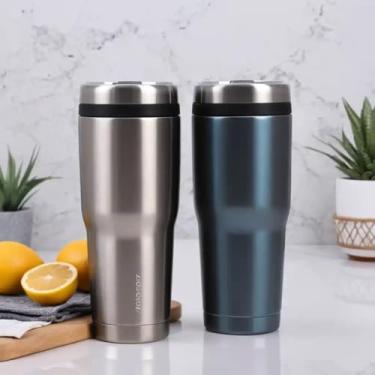 Imagem de Copo Térmico Parede Dupla em Aço Inox Cinza 500ml com Tampa Flip - Estilo Casual