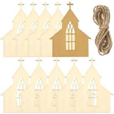 Imagem de SOFPLATE 30 peças 10 x 7 cm recortes de madeira de igreja etiquetas de presente de madeira inacabada com cordão pingente suspenso em forma de casa material MDF artesanato em branco recortes ornamentos