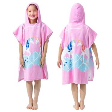 Imagem de Toalha com capuz 100% algodão para crianças de 2 a 10 anos meninas 69,8 cm x 59,9 cm grande toalha de banho infantil piscina poncho de praia absorvente macio (unicórnio rosa)