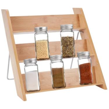 Imagem de UNICRAFTALE Organizador de especiarias de 3 níveis de bambu, suporte de minifiguras em camadas de especiarias, suporte de exibição para decoração de casa, organizador de frascos de especiarias
