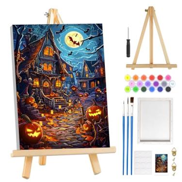 Imagem de MOGTAA Kit de pintura por números de Halloween para adultos iniciantes com moldura, kits de pintura por números de castelo de abóbora em tela com cavalete, kits de pintura a óleo DIY fáceis para