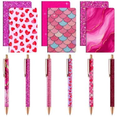 Imagem de MotiMind Conjunto de 12 canetas e blocos de notas chiques, 6 mini cadernos com glitter, 6 lindas canetas brilhantes com glitter para meninas, mulheres, escritório, escola, Natal, formatura (rosa