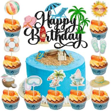 Imagem de Gyufise 37 peças, verão, praia, piscina, cupcake, topos com glitter, praia, feliz aniversário, bola, guarda-sol, pistola de água, palhetas de cupcake para tema tropical do Havaí, decorações de festa
