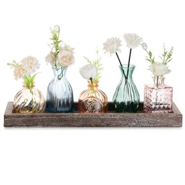 Imagem de Glasseam Vasos de vidro para flores: conjunto de 5 vasos pequenos coloridos com bandeja de madeira rústica para casa, escritório, sala de estar, banheiro - centros de mesa vintage para aniversários