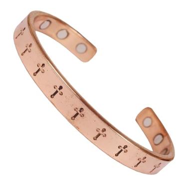 Imagem de Touchstone - Cruz Católica Jesus Crucificação Sacrificial - Pulseira magnética de cobre estilo tibetano. Forjado à mão com cobre puro sólido e de alto calibre.