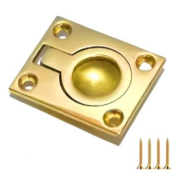 Imagem de HAIWEN Puxador de anel de descarga de escotilha de aço inoxidável 316, latão polido marinho redondo/quadrado anel de elevação para armário anel de elevação nivelado com parafusos (dourado, 48 x 38 mm)