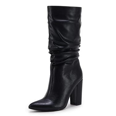 Imagem de Syktkmx Botas femininas de inverno despojadas salto alto cano médio camurça sem cadarço bloco grosso bico fino, Preto liso, 41