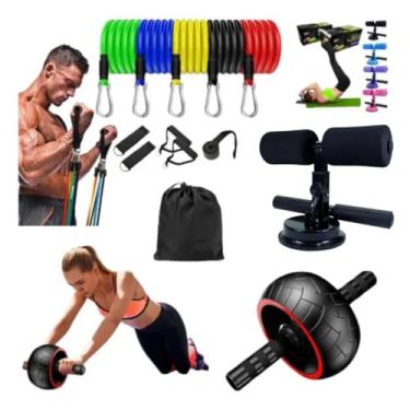 Imagem de Kit Completo Academia Elastico Malhar Em Casa Funcional Perder Peso Roda Abdominal Fisioterapia Pilates Yoga