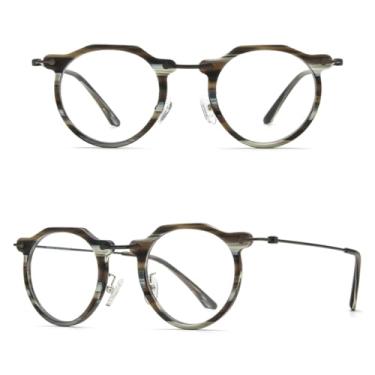 Imagem de VFDHN Armação de óculos de acetato de titânio feminino vintage retrô redondo masculino (listra C5)