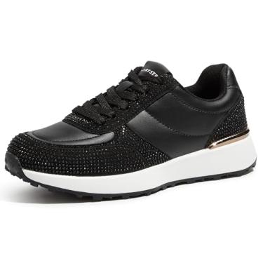 Imagem de LUCKY STEP Tênis feminino moderno, casual, plataforma, strass, retrô, moderno, tênis, viagem, caminhada, antiderrapante, confortável, cadarço, Strass preto, 35