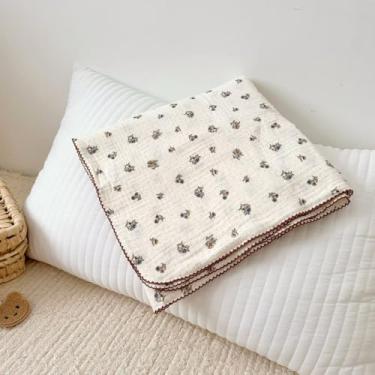 Imagem de BuLuTu Cobertor infantil de musselina grande, 128 x 128 cm, cobertor de berço de bebê com estampa floral de casa de campo, cobertores de berçário leve e respirável, flores de amor-perfeito e padrão de
