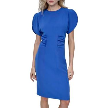 Imagem de DKNY Vestido feminino de manga curta, gola joia, comprimento até o joelho, franzido, Azul clássico, 38