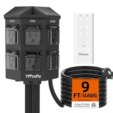 Imagem de TiFFCOFiO - Régua elétrica externa com controle remoto, cabo de extensão de 2,7 m, à prova d'água, tomadas de controle independentes, 6 tomadas aterradas para a melhor decoração ao ar livre
