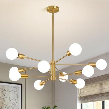 Imagem de RUIYEY Lustres Sputnik Modernos Luzes, Lustre de Sala de Jantar Dourado 10 Claro sobre Mesa, Lustre Industrial Semi Embutido de Meados do Século para Cozinha Ilha Sala de Estar