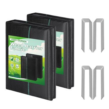 Imagem de FEED GARDEN Tecido paisagístico de 3FT x 100FT Tecido de barreira de ervas daninhas, tecido geotêxtil de cobertura de solo resistente para jardinagem, com 20 estacas em forma de U (pacote com 2 3x50FT