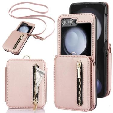 Imagem de Cartões de cordão carteira de couro com zíper capa para Samsung Galaxy Z Flip 5 4 3 Flip5 Flip4 Capa de bolsa de bolso crossbody, ouro rosa, para Galaxy Z Flip 4