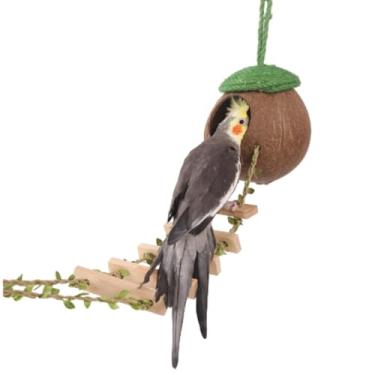 Imagem de CXYYXF Cabana de ninho de pássaro de coco com escada para papagaios periquito conures calopsita - Decoração de habitats de gaiola de animais pequenos com casca de coco e fibra de coco
