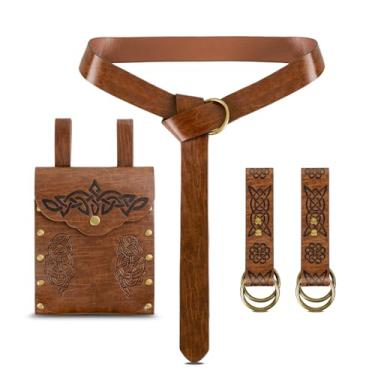 Imagem de ANTWASP Bolsa de cinto renascentista Viking em relevo, saia de couro, caminhadas, acessórios de fantasia medieval para Halloween, 2 anéis - marrom, Medieval
