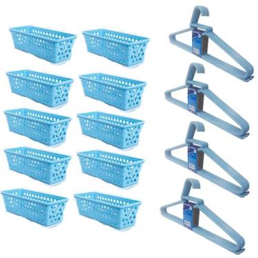Imagem de Kit 10 Cestos Organizador Retangular 28x11x8 Cm + 20 Cabides Azul - Tr