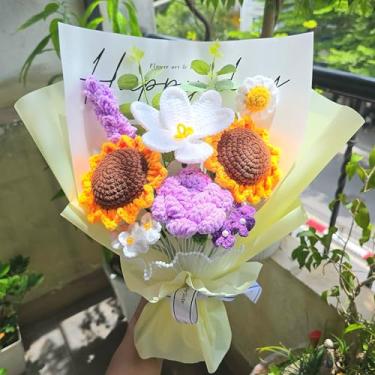 Imagem de 96CRVFT Buquê de flores de crochê – Tulipas de girassol tricotadas feitas à mão rosa lavanda flores de crochê, buquê de presente para formatura, aniversário, aniversário, dia das mães